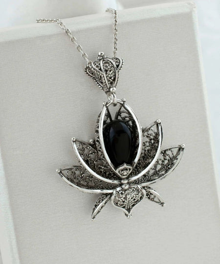 Filigree Art Black Onyx Gemstone 3D Lotus Flower Women Silver Pendant Necklace - Drakoi Marketplace