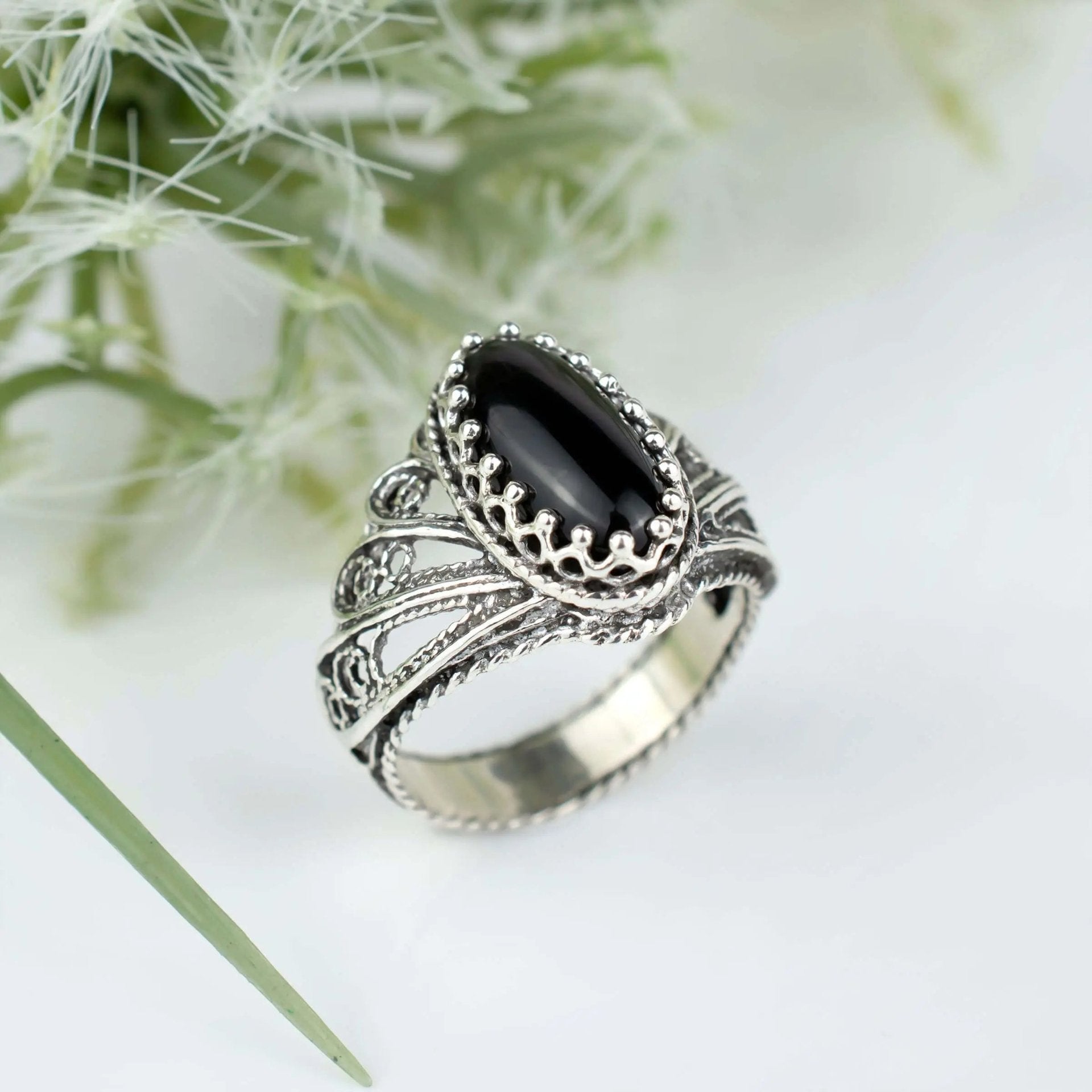 Filigree Art Black Onyx Gemstone Angel Design Women Silver Cocktail Ring - Drakoi Marketplace