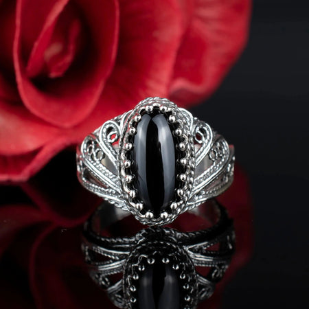 Filigree Art Black Onyx Gemstone Angel Design Women Silver Cocktail Ring - Drakoi Marketplace