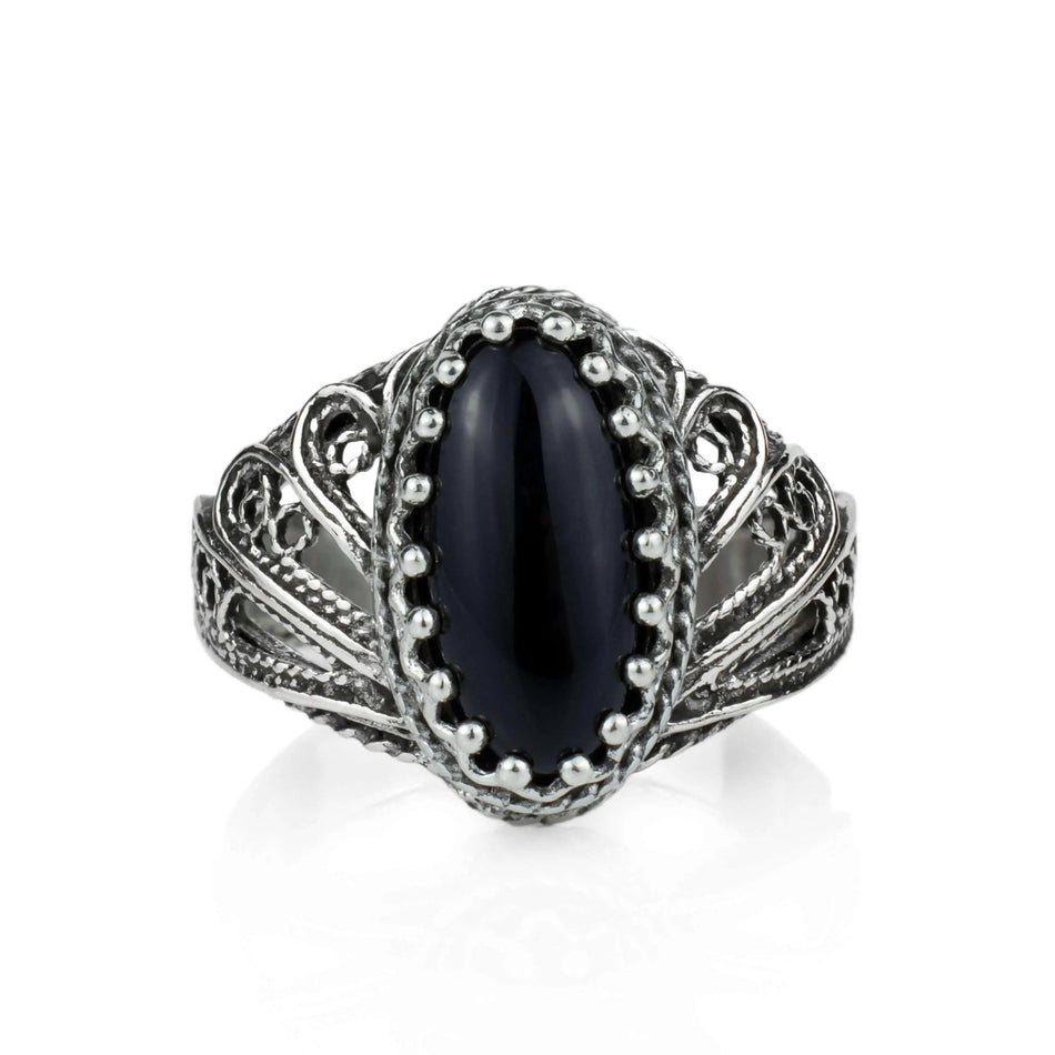 Filigree Art Black Onyx Gemstone Angel Design Women Silver Cocktail Ring - Drakoi Marketplace