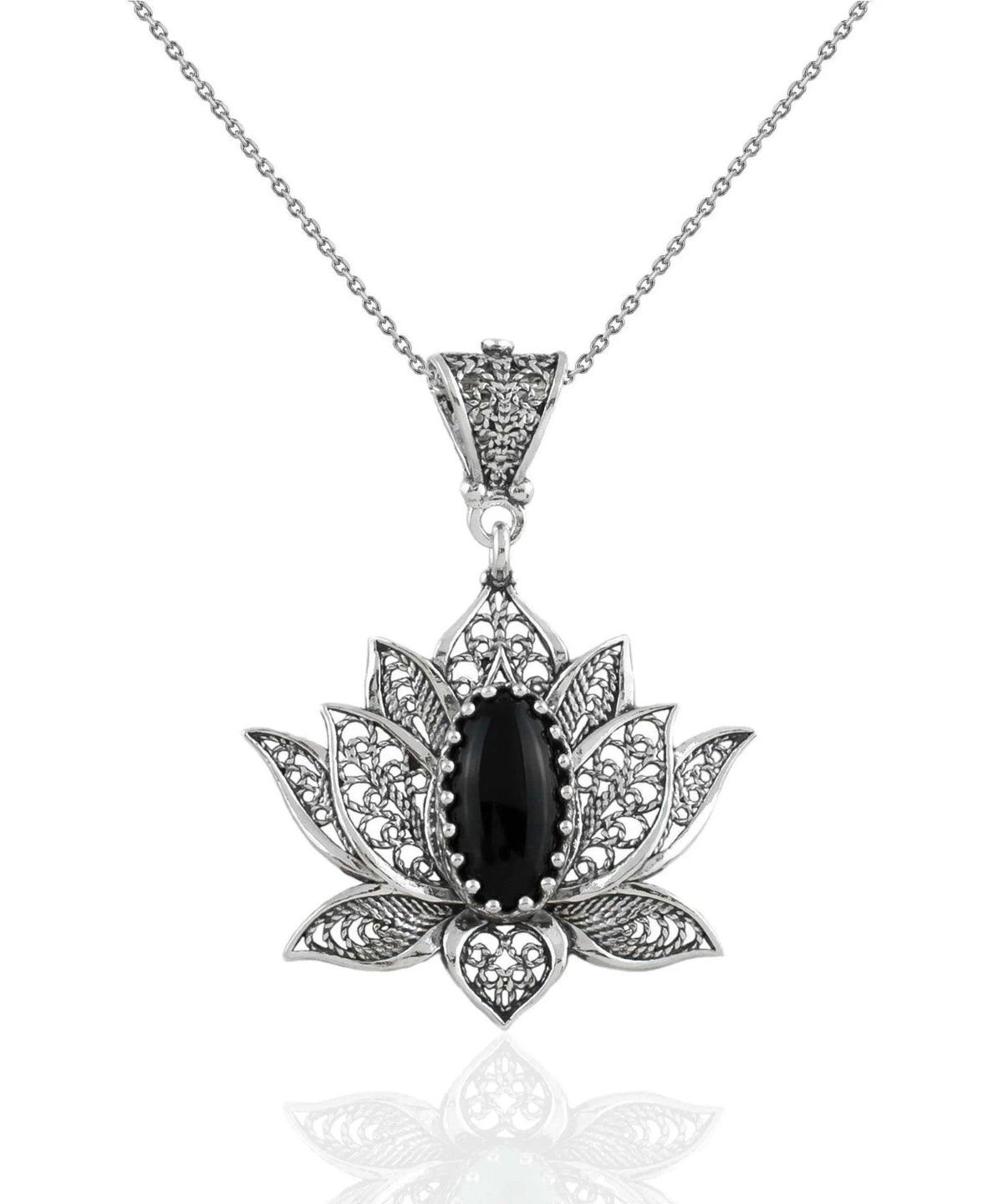 Filigree Art Black Onyx Gemstone Blossoming Lotus Flower Women Silver Pendant Necklace - Drakoi Marketplace