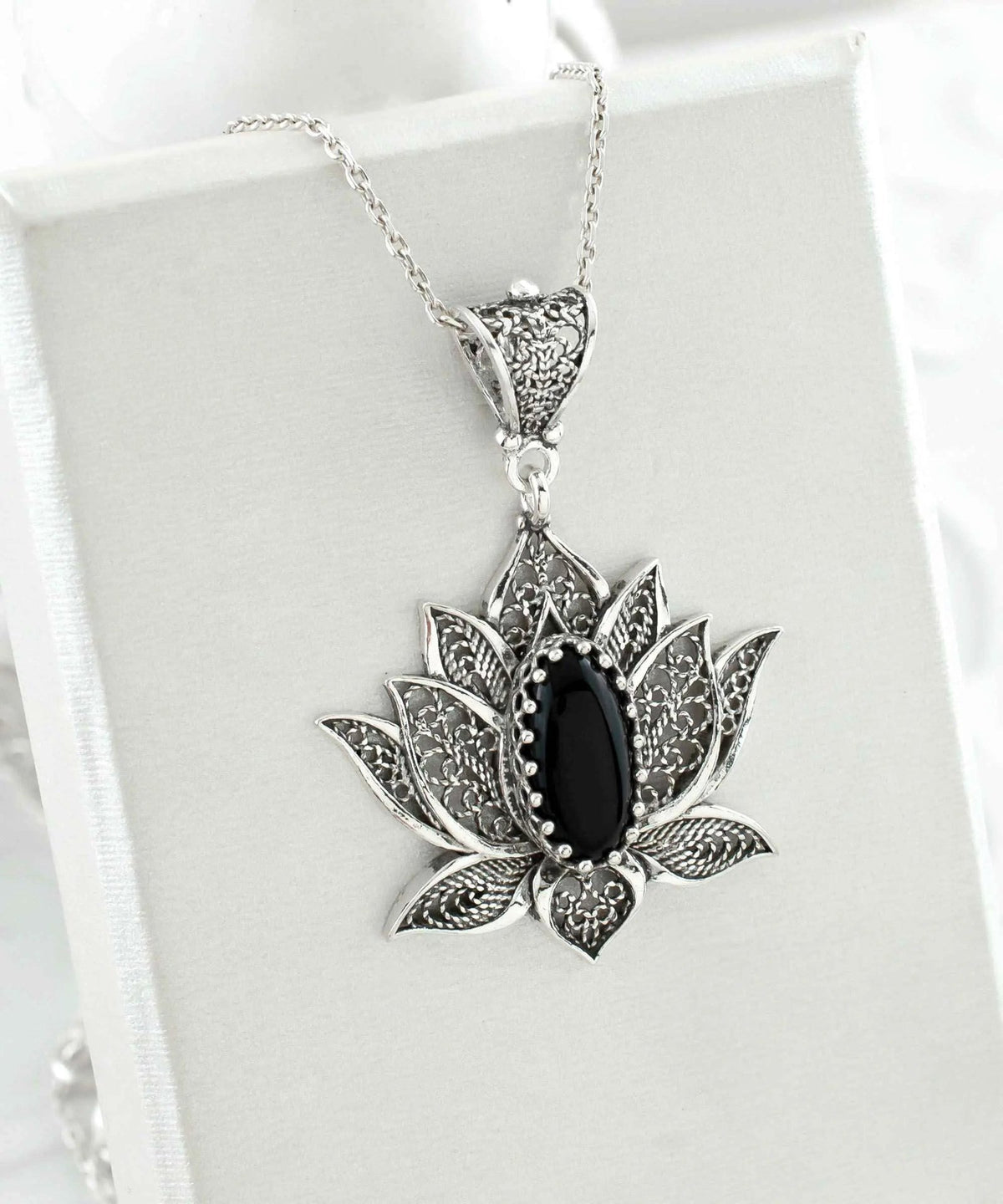 Filigree Art Black Onyx Gemstone Blossoming Lotus Flower Women Silver Pendant Necklace - Drakoi Marketplace