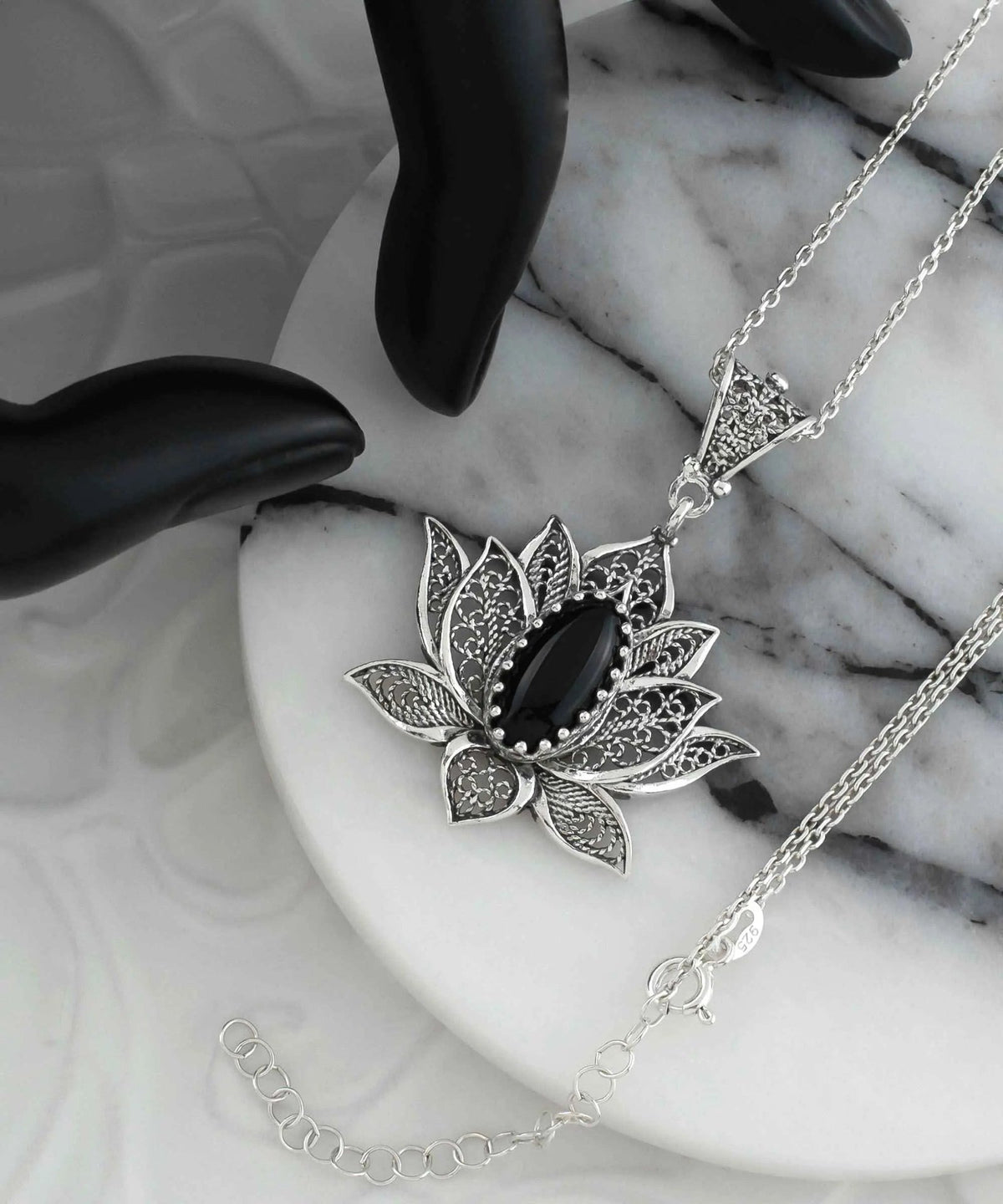 Filigree Art Black Onyx Gemstone Blossoming Lotus Flower Women Silver Pendant Necklace - Drakoi Marketplace