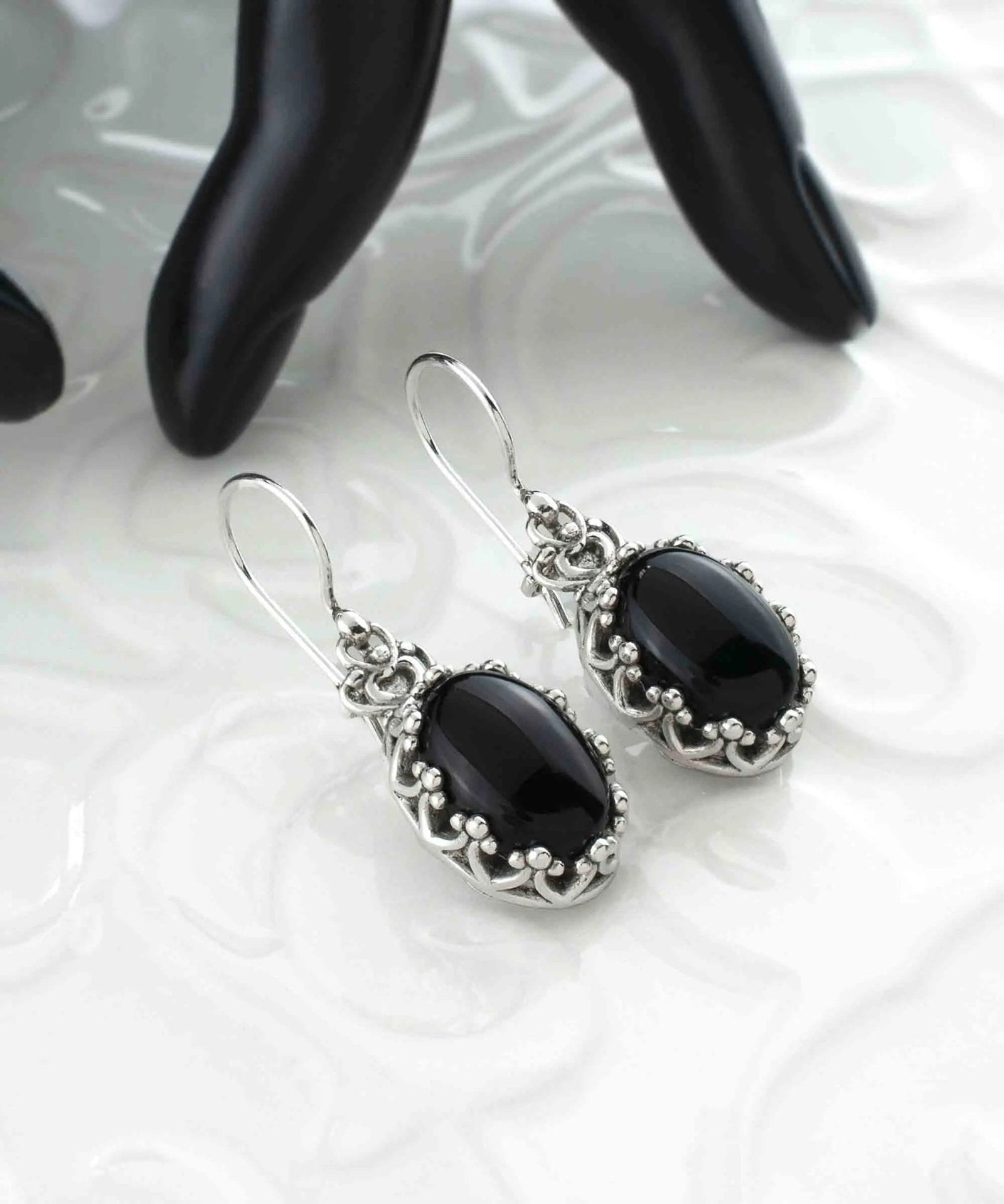 Filigree Art Black Onyx Gemstone Crown Figured Women Silver Oval Drop Earrings - Drakoi Marketplace