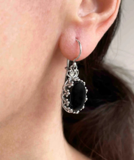 Filigree Art Black Onyx Gemstone Crown Figured Women Silver Oval Drop Earrings - Drakoi Marketplace