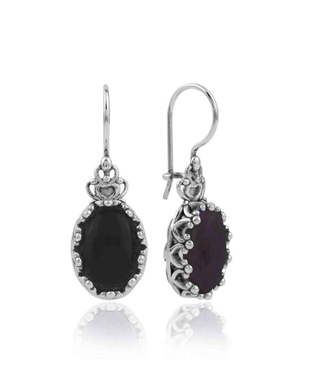 Filigree Art Black Onyx Gemstone Crown Figured Women Silver Oval Drop Earrings - Drakoi Marketplace