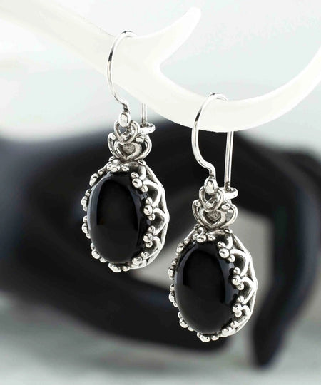 Filigree Art Black Onyx Gemstone Crown Figured Women Silver Oval Drop Earrings - Drakoi Marketplace