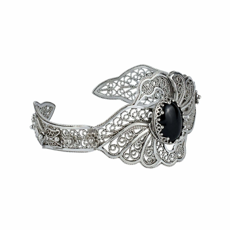 Filigree Art Black Onyx Gemstone Double Swan Figured Women Silver Cuff Bracelet - Drakoi Marketplace