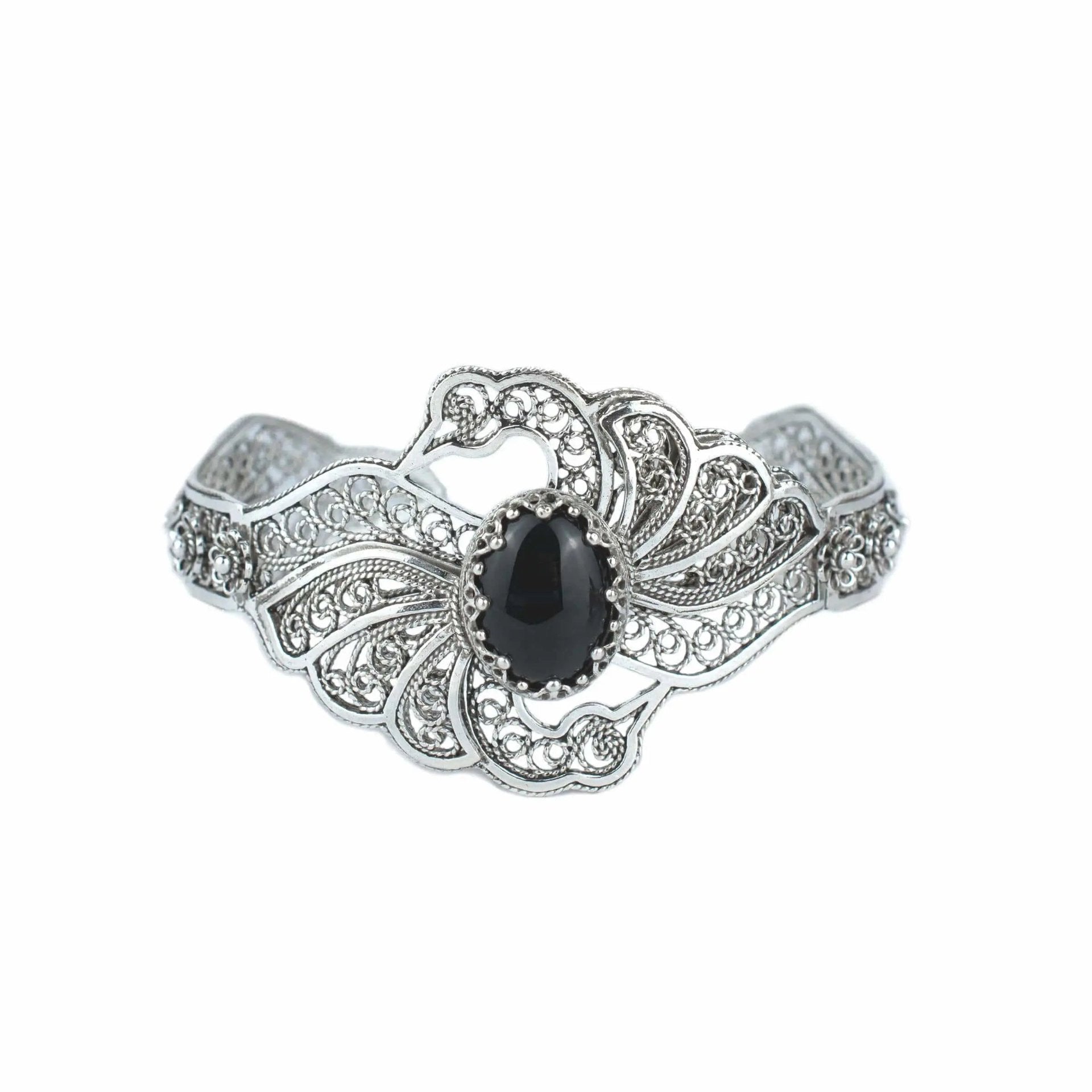 Filigree Art Black Onyx Gemstone Double Swan Figured Women Silver Cuff Bracelet - Drakoi Marketplace