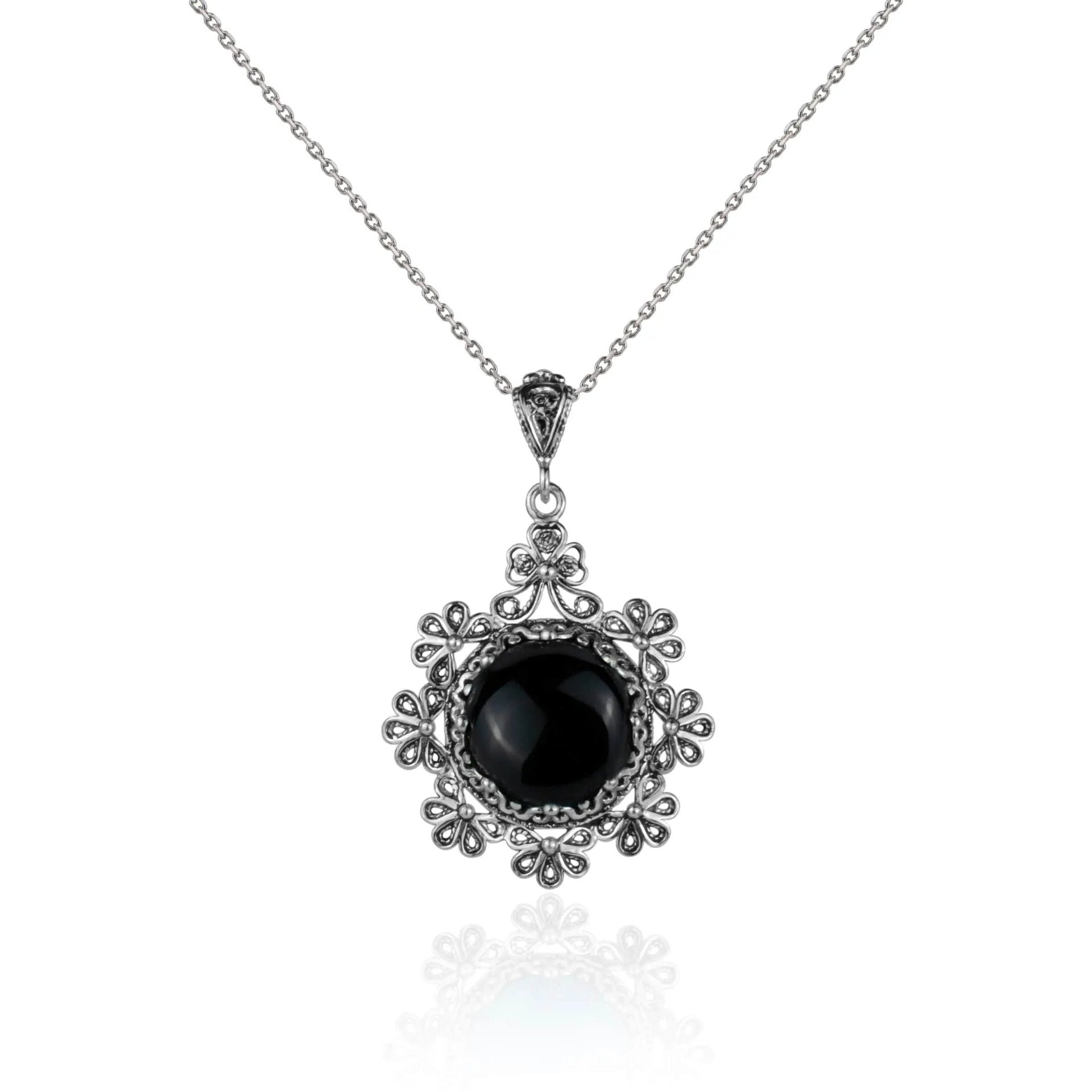 Filigree Art Black Onyx Gemstone Floral Design Women Silver Pendant Necklace - Drakoi Marketplace