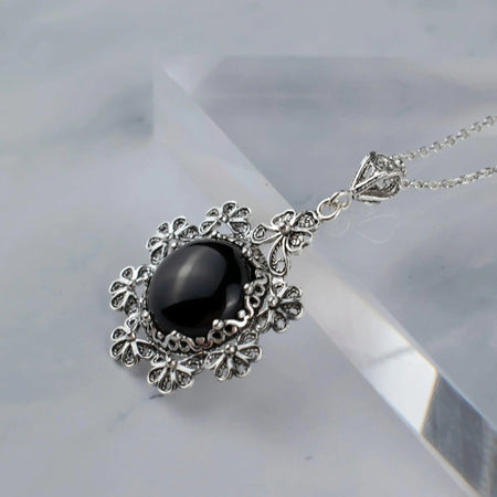 Filigree Art Black Onyx Gemstone Floral Design Women Silver Pendant Necklace - Drakoi Marketplace