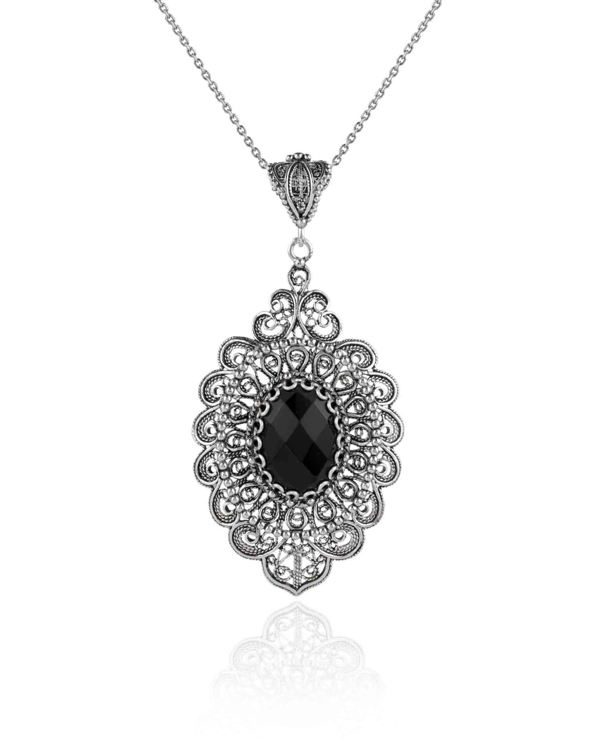 Filigree Art Black Onyx Gemstone Floral Figured Women Silver Oval Pendant Necklace - Drakoi Marketplace