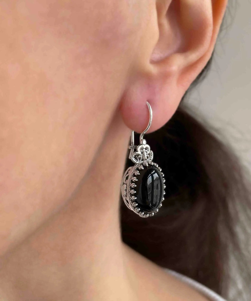 Filigree Art Black Onyx Gemstone Heart Detailed Women Silver Oval Drop Earrings - Drakoi Marketplace