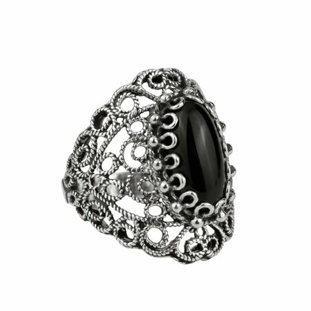 Filigree Art Black Onyx Gemstone Lace Detailed Women Silver Statement Ring - Drakoi Marketplace