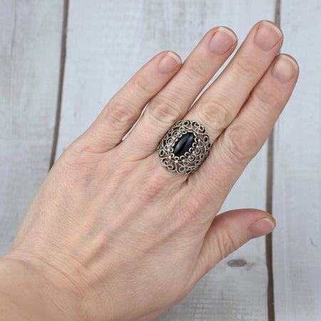 Filigree Art Black Onyx Gemstone Lace Detailed Women Silver Statement Ring - Drakoi Marketplace