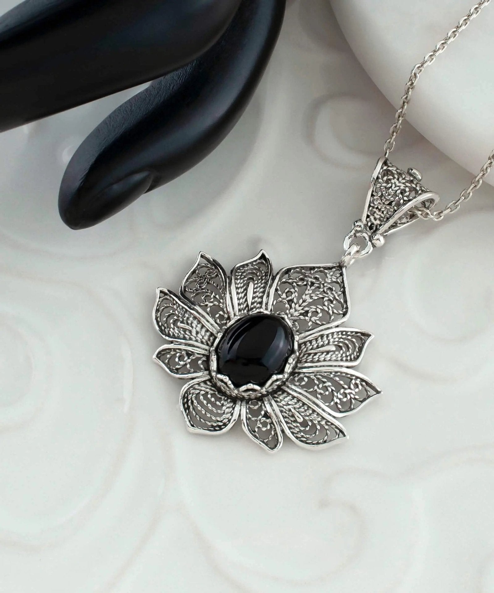 Filigree Art Black Onyx Gemstone Lotus Flower Women Silver Pendant Necklace - Drakoi Marketplace