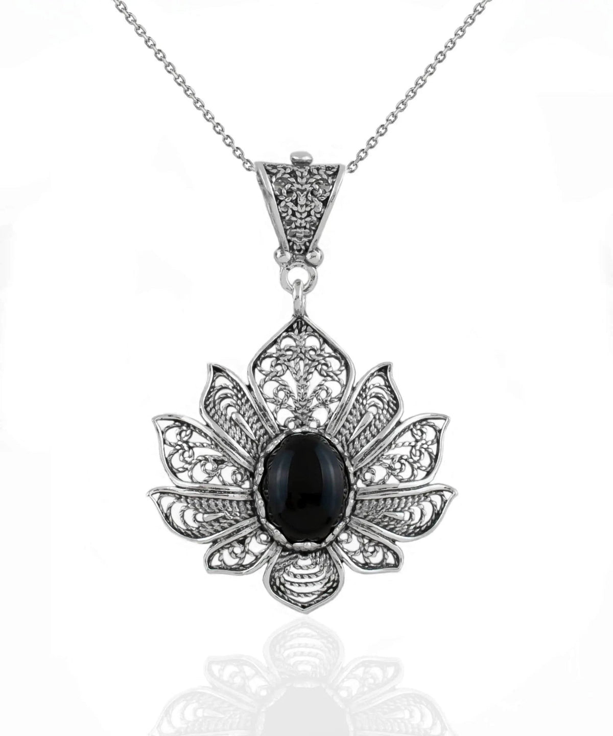 Filigree Art Black Onyx Gemstone Lotus Flower Women Silver Pendant Necklace - Drakoi Marketplace