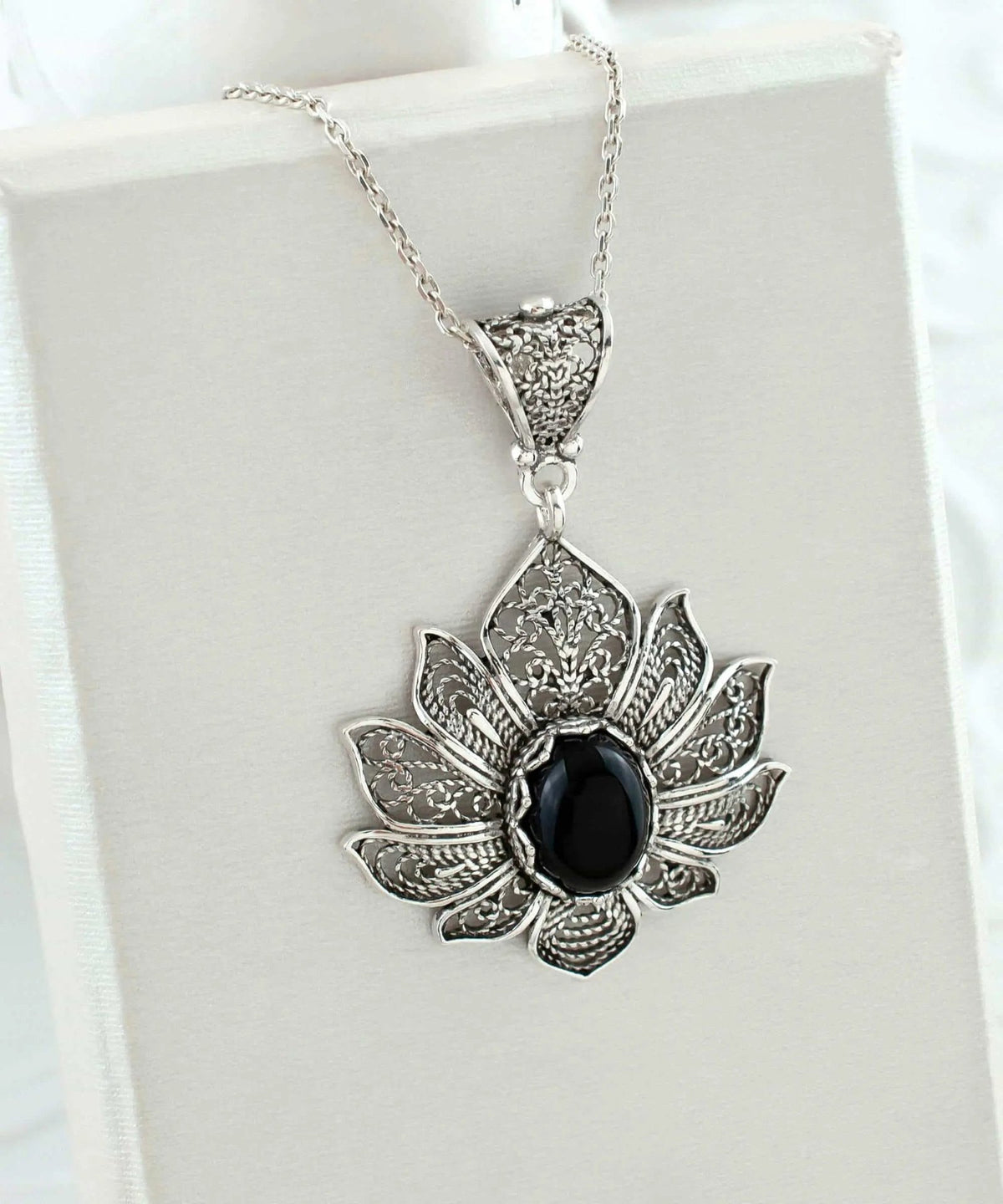 Filigree Art Black Onyx Gemstone Lotus Flower Women Silver Pendant Necklace - Drakoi Marketplace