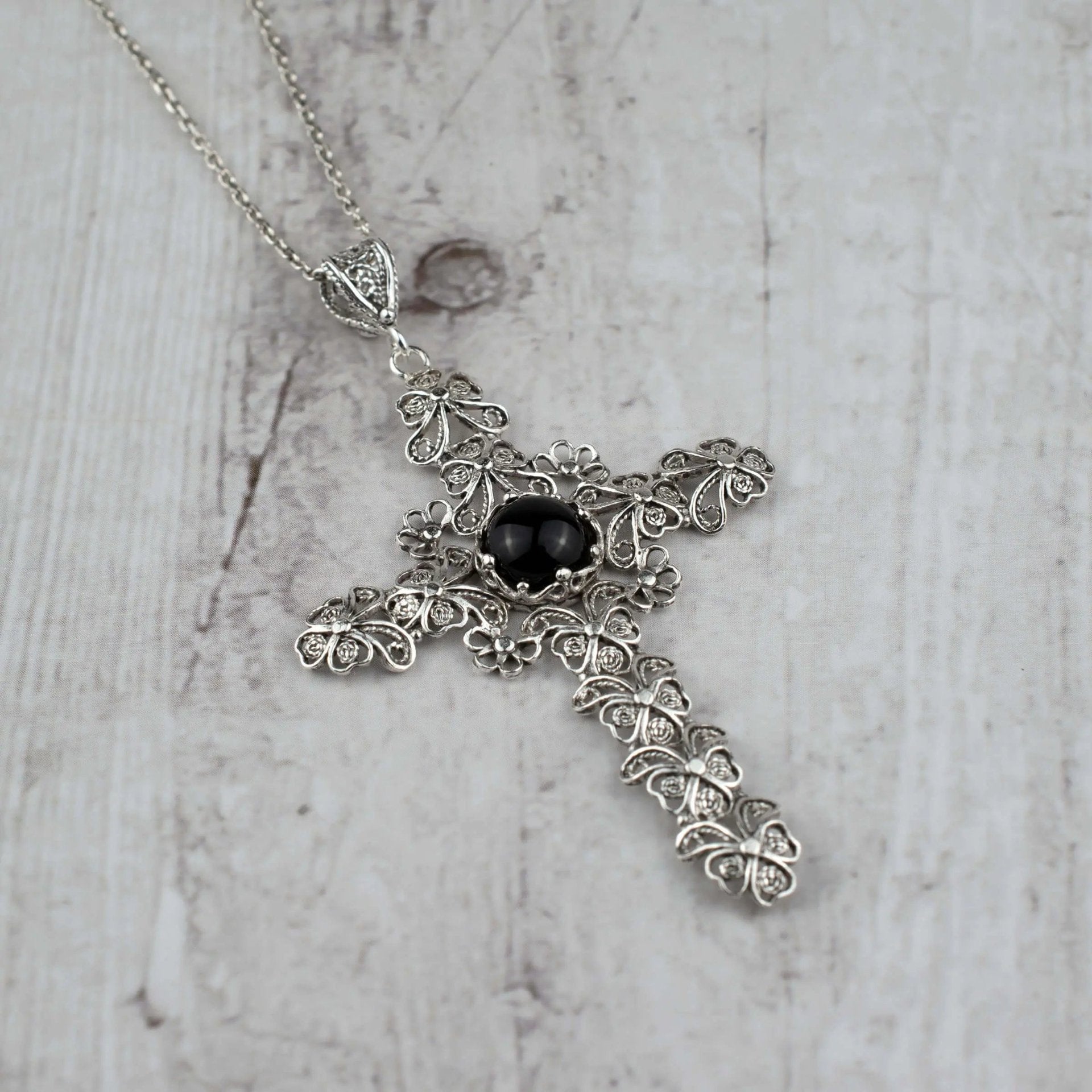 Filigree Art Black Onyx Gemstone Silver Cross Design Women Pendant Necklace - Drakoi Marketplace