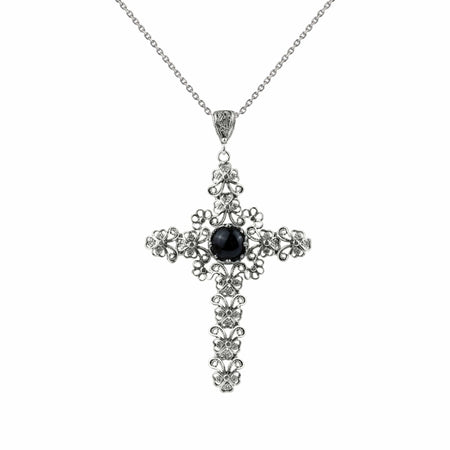 Filigree Art Black Onyx Gemstone Silver Cross Design Women Pendant Necklace - Drakoi Marketplace