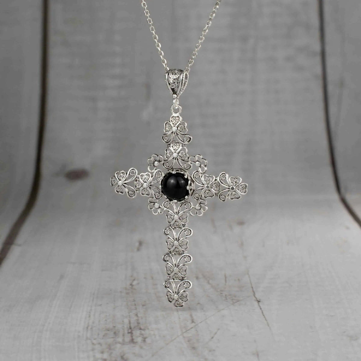 Filigree Art Black Onyx Gemstone Silver Cross Design Women Pendant Necklace - Drakoi Marketplace