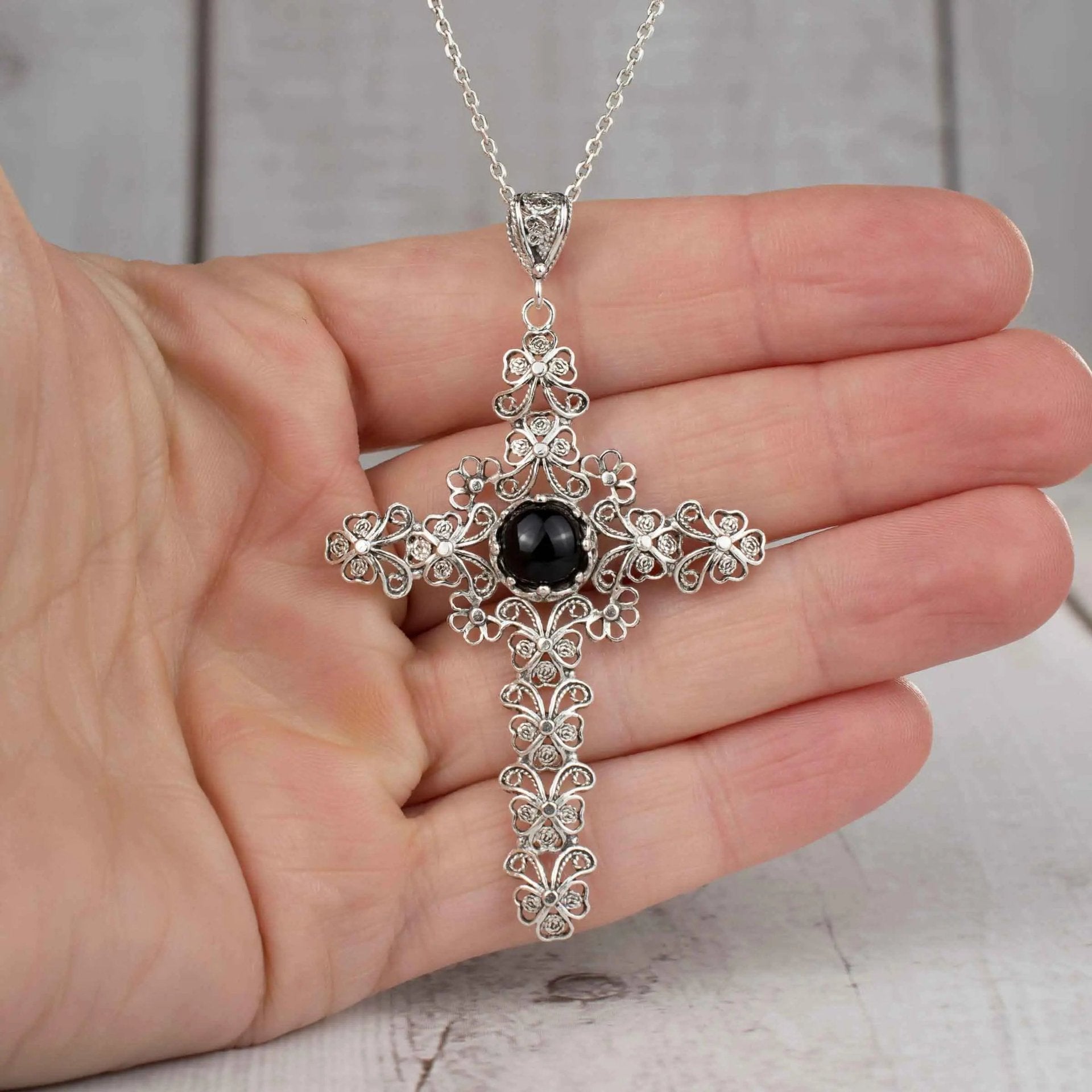 Filigree Art Black Onyx Gemstone Silver Cross Design Women Pendant Necklace - Drakoi Marketplace