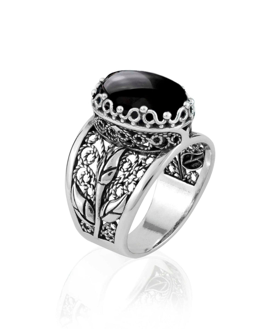 Filigree Art Black Onyx Gemstone Tulip Detailed Silver Women Statement Ring - Drakoi Marketplace