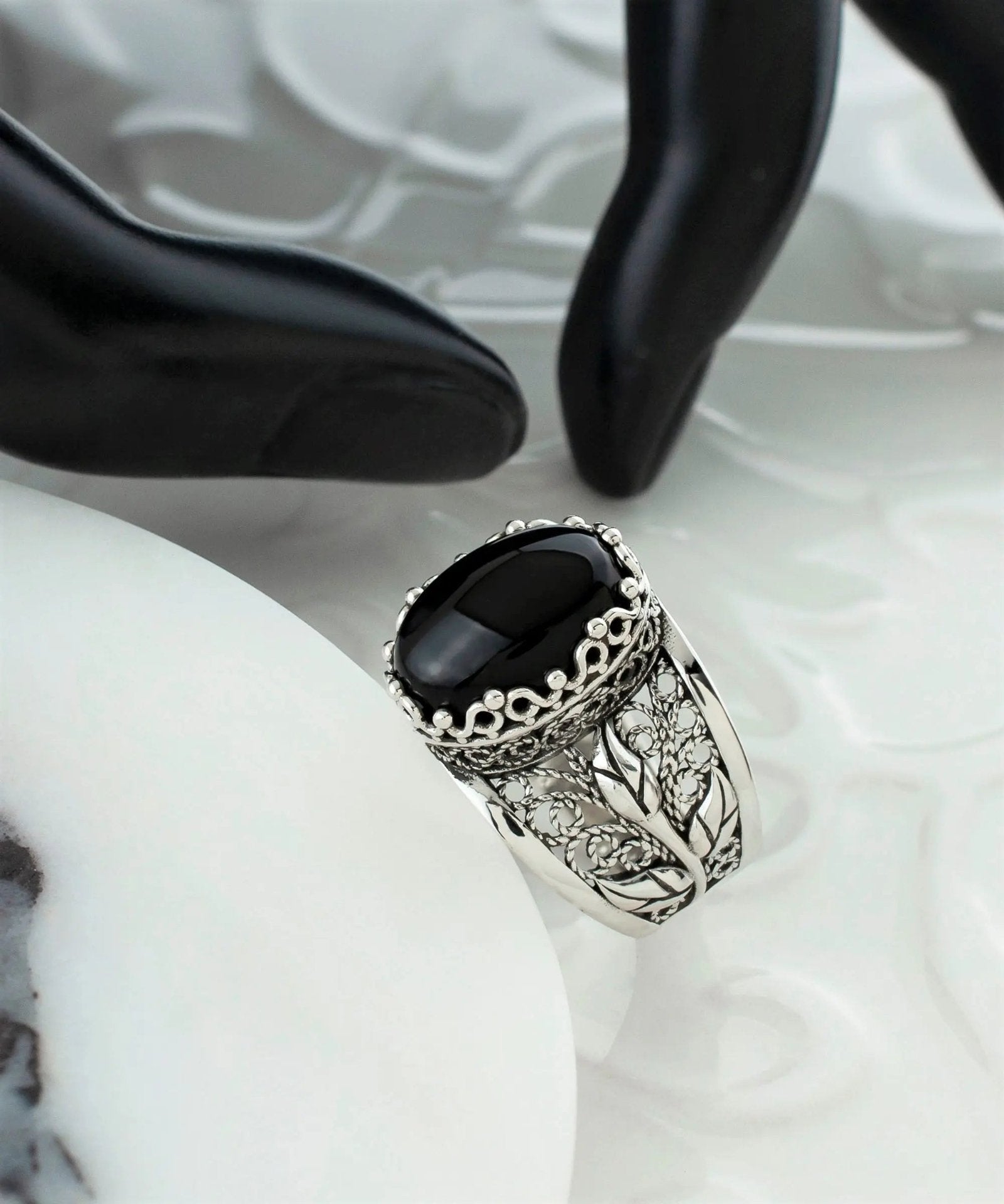 Filigree Art Black Onyx Gemstone Tulip Detailed Silver Women Statement Ring - Drakoi Marketplace