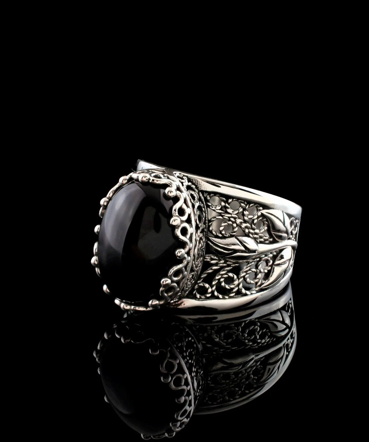 Filigree Art Black Onyx Gemstone Tulip Detailed Silver Women Statement Ring - Drakoi Marketplace