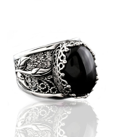 Filigree Art Black Onyx Gemstone Tulip Detailed Silver Women Statement Ring - Drakoi Marketplace