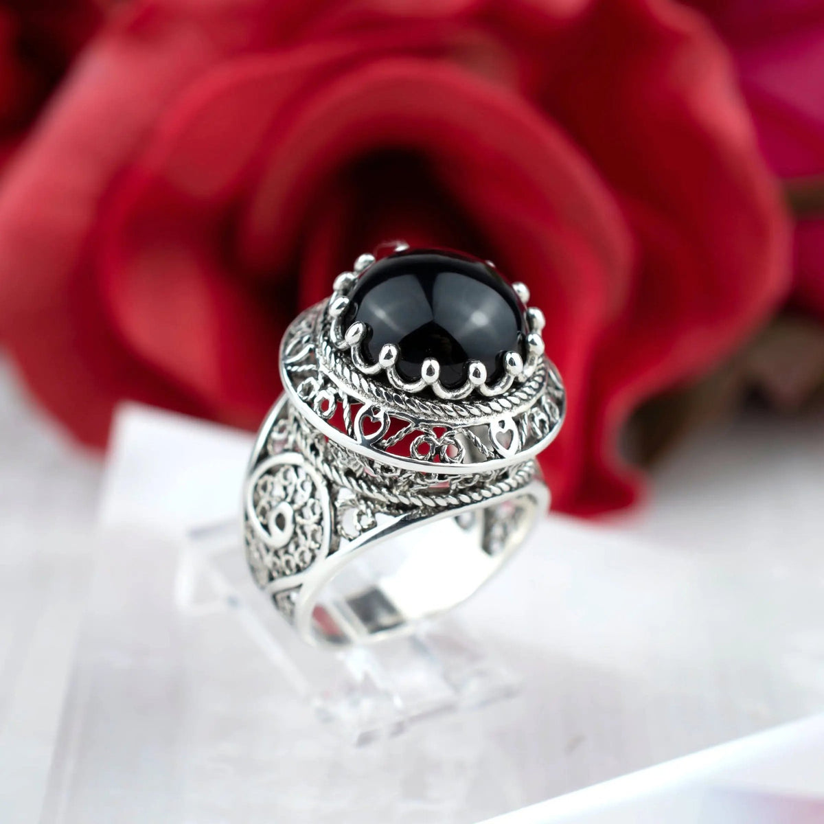 Filigree Art Black Onyx Gemstone Woman Silver Dome Ring - Drakoi Marketplace