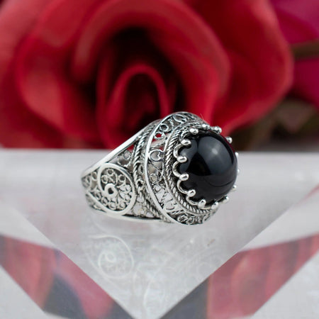 Filigree Art Black Onyx Gemstone Woman Silver Dome Ring - Drakoi Marketplace