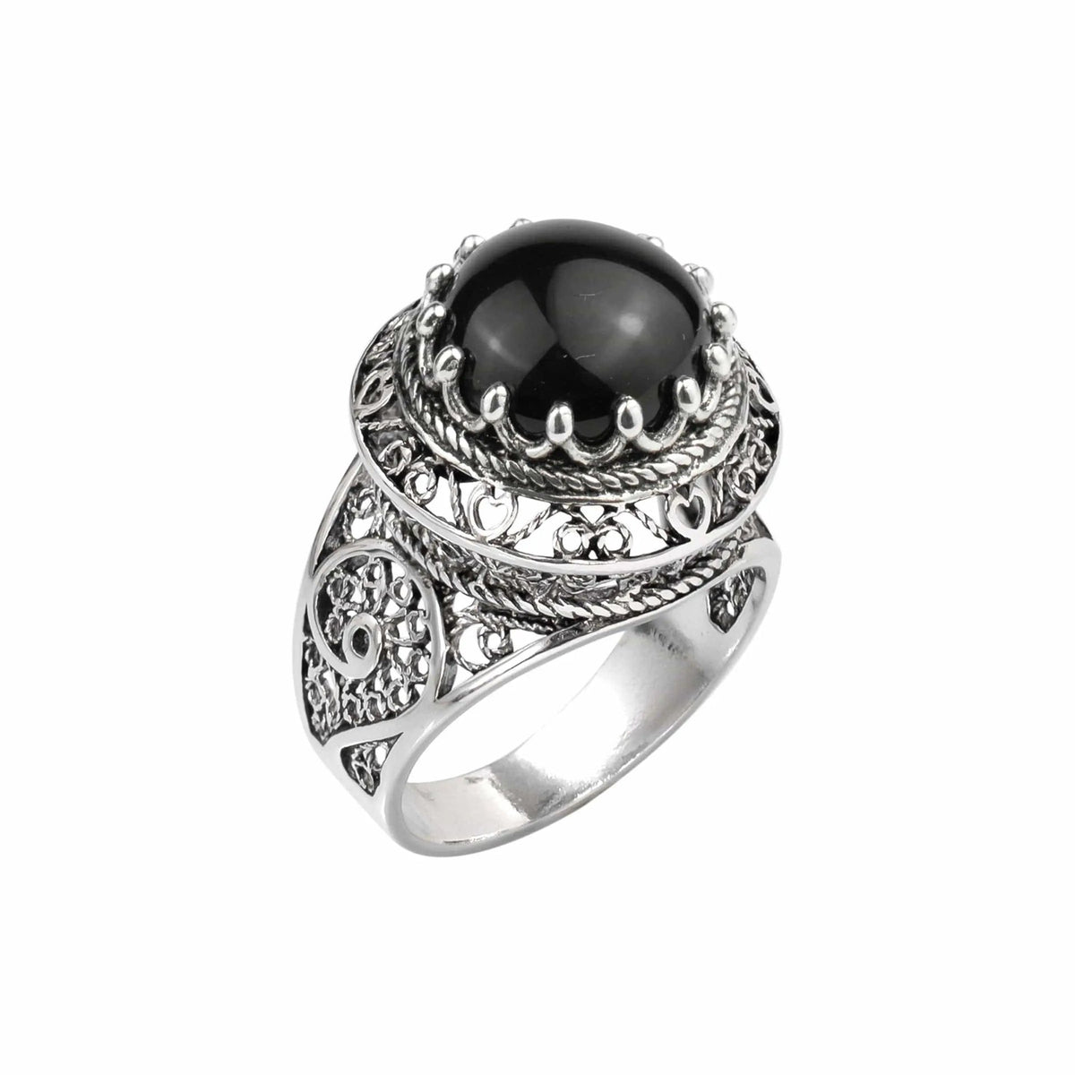 Filigree Art Black Onyx Gemstone Woman Silver Dome Ring - Drakoi Marketplace