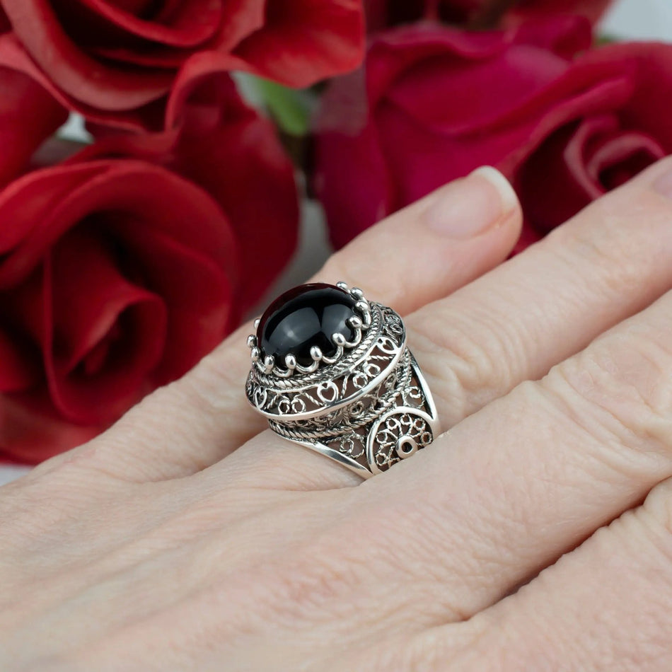 Filigree Art Black Onyx Gemstone Woman Silver Dome Ring - Drakoi Marketplace