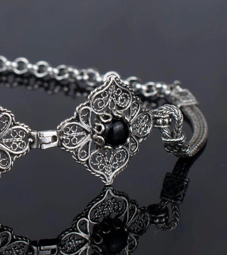 Filigree Art Black Onyx Gemstone Women Adjustable Silver Link Bracelet - Drakoi Marketplace