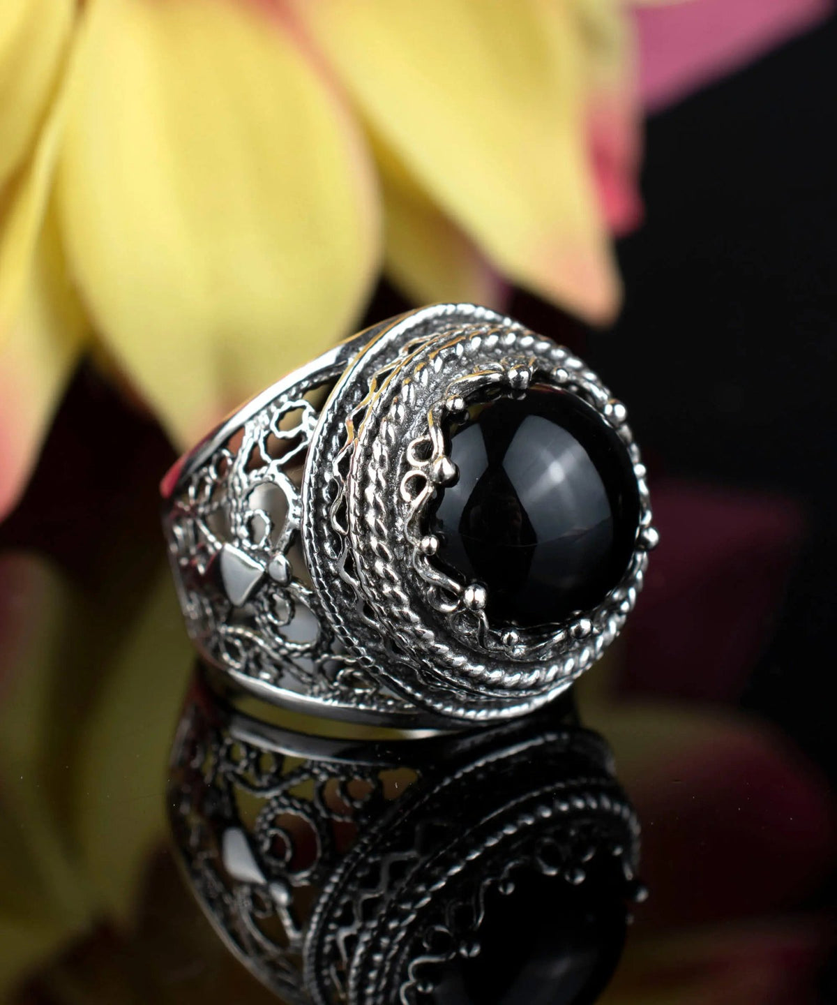 Filigree Art Black Onyx Gemstone Women Silver Bold Ring - Drakoi Marketplace