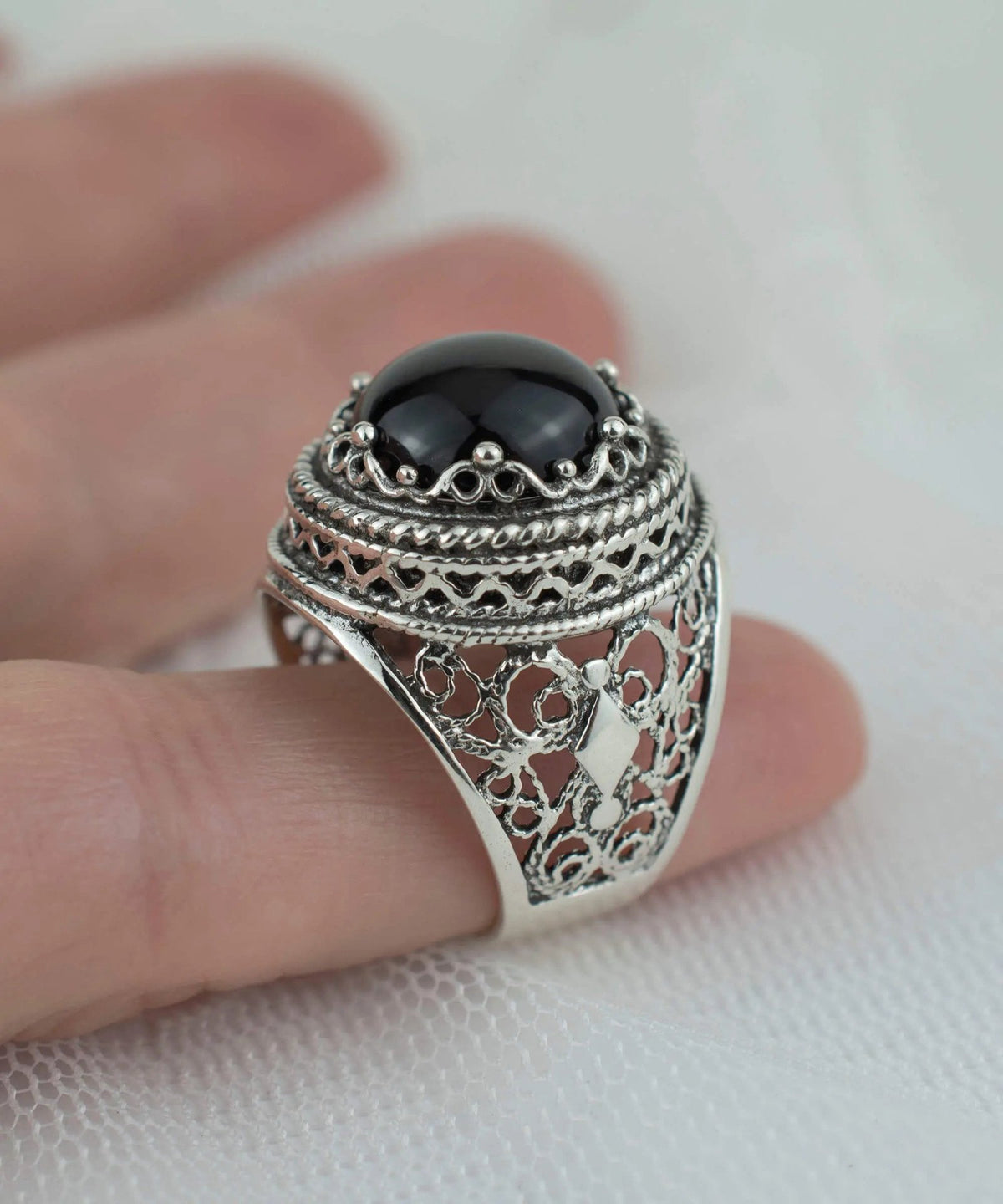 Filigree Art Black Onyx Gemstone Women Silver Bold Ring - Drakoi Marketplace