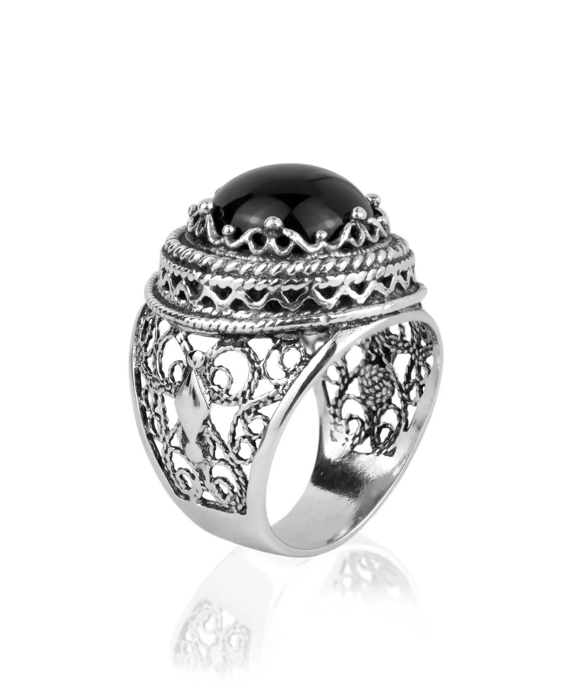 Filigree Art Black Onyx Gemstone Women Silver Bold Ring - Drakoi Marketplace