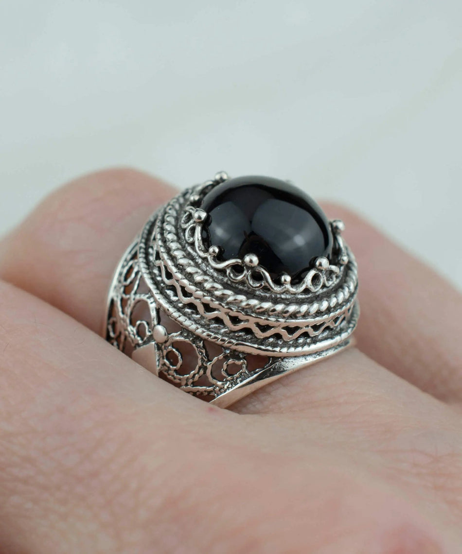 Filigree Art Black Onyx Gemstone Women Silver Bold Ring - Drakoi Marketplace