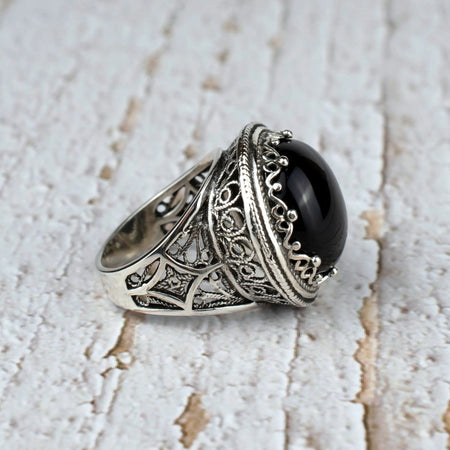 Filigree Art Black Onyx Gemstone Women Silver Bold Statement Ring - Drakoi Marketplace