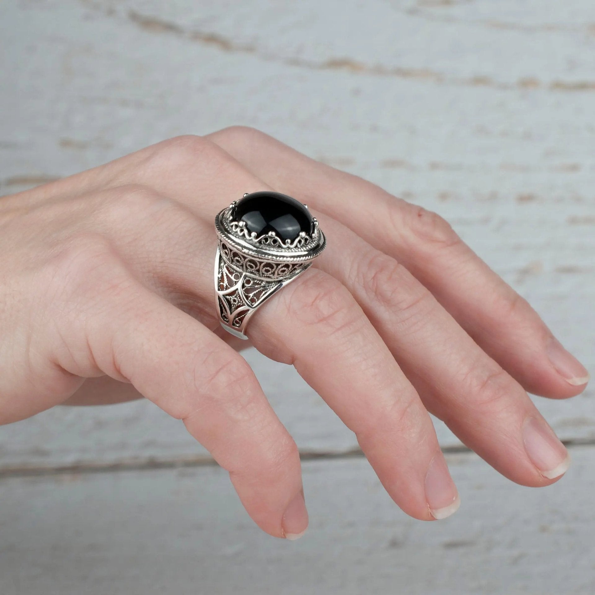 Filigree Art Black Onyx Gemstone Women Silver Bold Statement Ring - Drakoi Marketplace