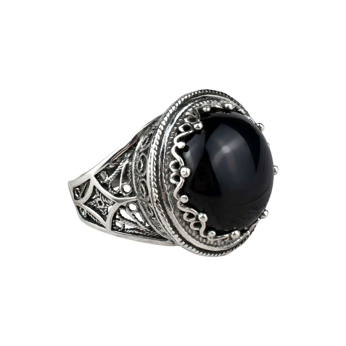 Filigree Art Black Onyx Gemstone Women Silver Bold Statement Ring - Drakoi Marketplace