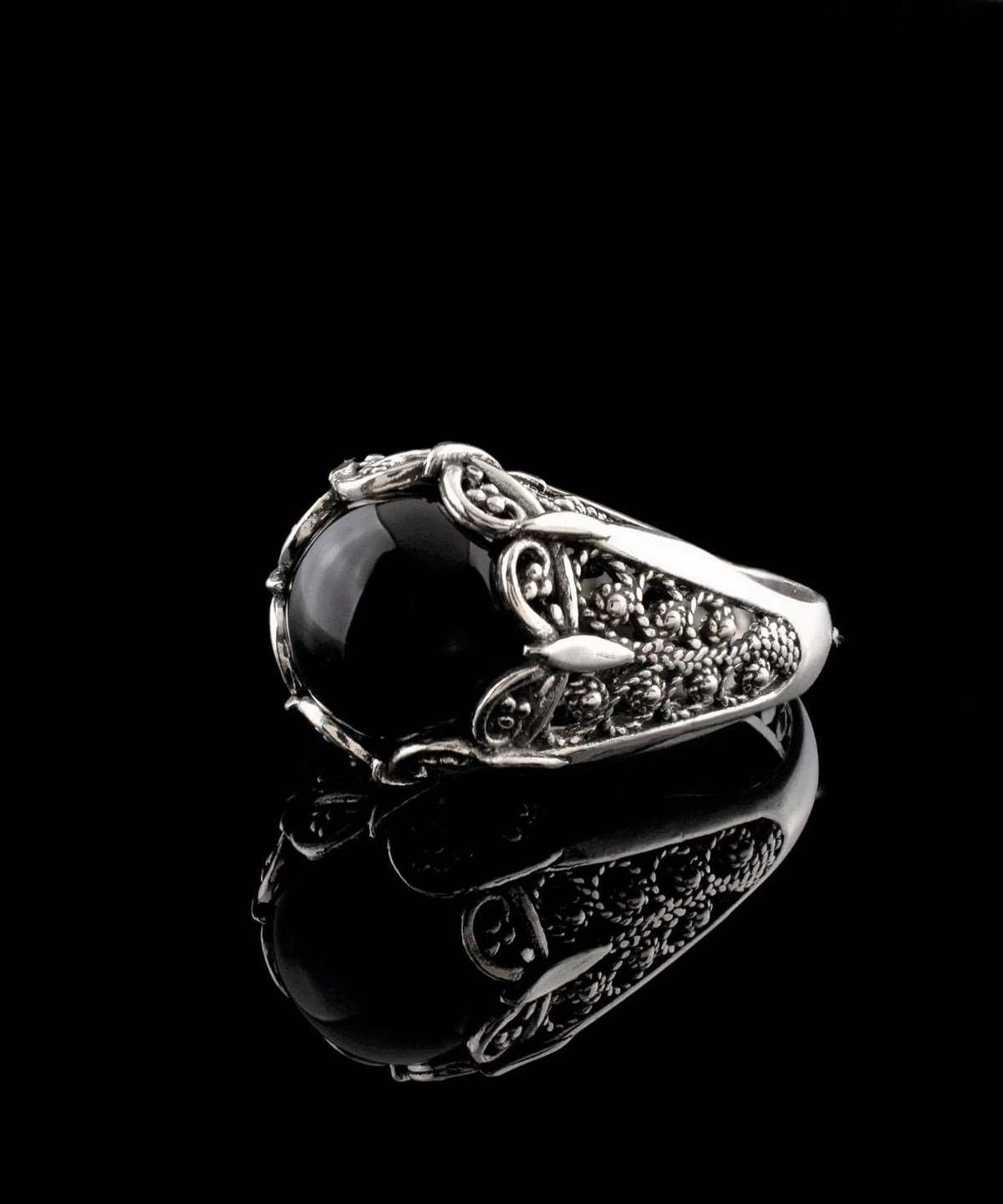 Filigree Art Black Onyx Gemstone Women Silver Cocktail Ring - Drakoi Marketplace