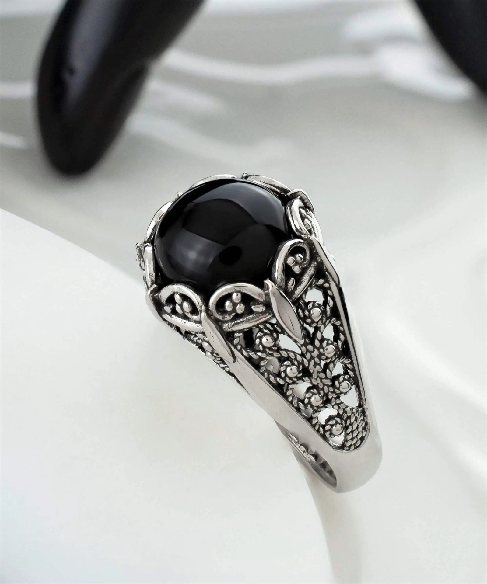 Filigree Art Black Onyx Gemstone Women Silver Cocktail Ring - Drakoi Marketplace