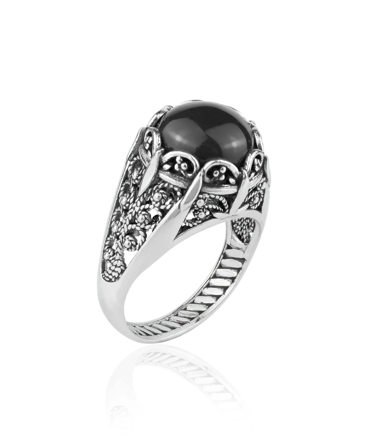 Filigree Art Black Onyx Gemstone Women Silver Cocktail Ring - Drakoi Marketplace