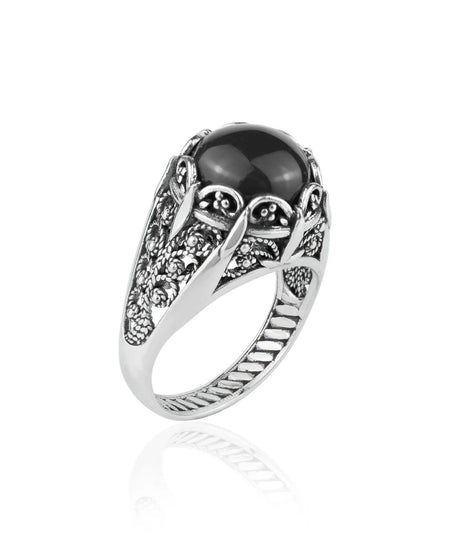 Filigree Art Black Onyx Gemstone Women Silver Cocktail Ring - Drakoi Marketplace