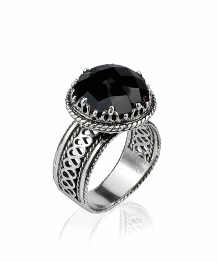 Filigree Art Black Onyx Gemstone Women Silver Cocktail Ring - Drakoi Marketplace