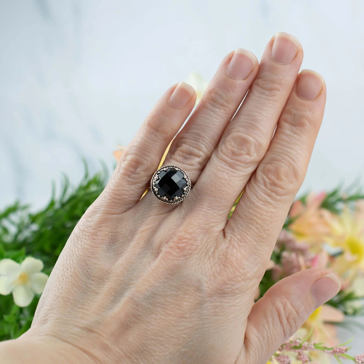 Filigree Art Black Onyx Gemstone Women Silver Cocktail Ring - Drakoi Marketplace