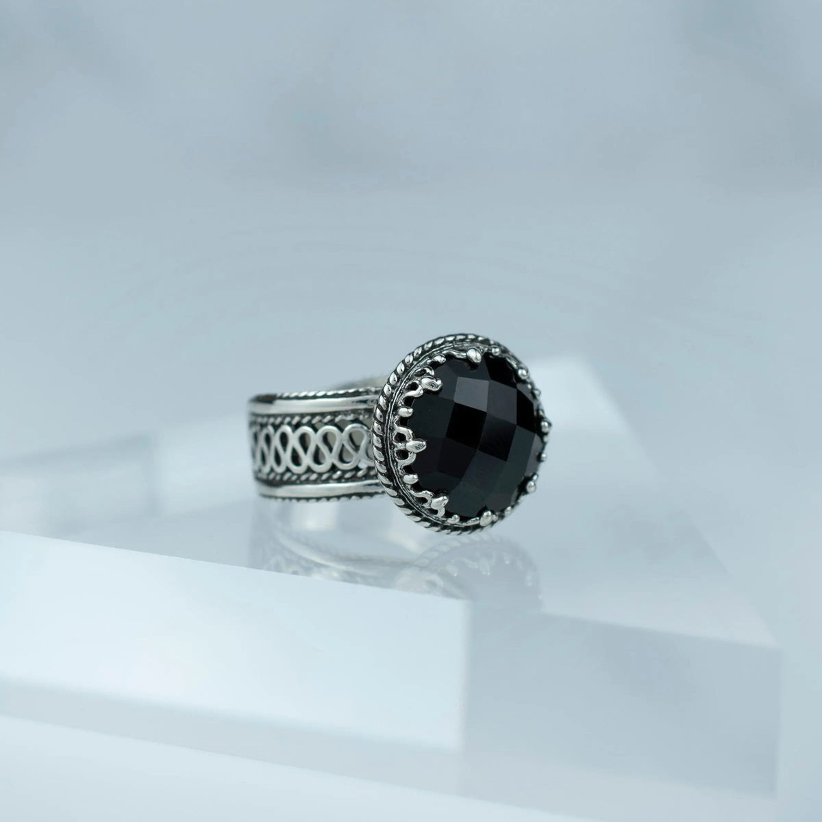 Filigree Art Black Onyx Gemstone Women Silver Cocktail Ring - Drakoi Marketplace