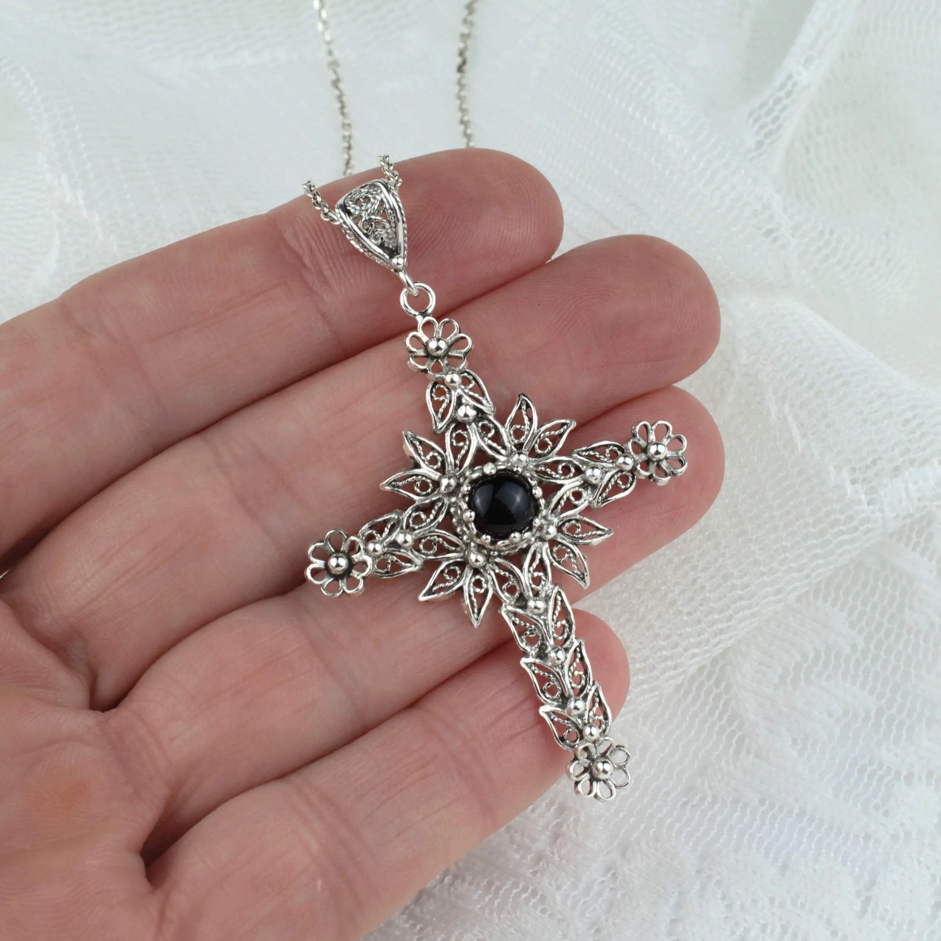 Filigree Art Black Onyx Gemstone Women Silver Cross Pendant Necklace - Drakoi Marketplace